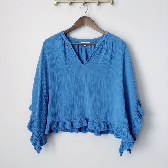 Xirena Cotton Gauze Ruffle V Neck Top Small Blue - Picture 11 of 11